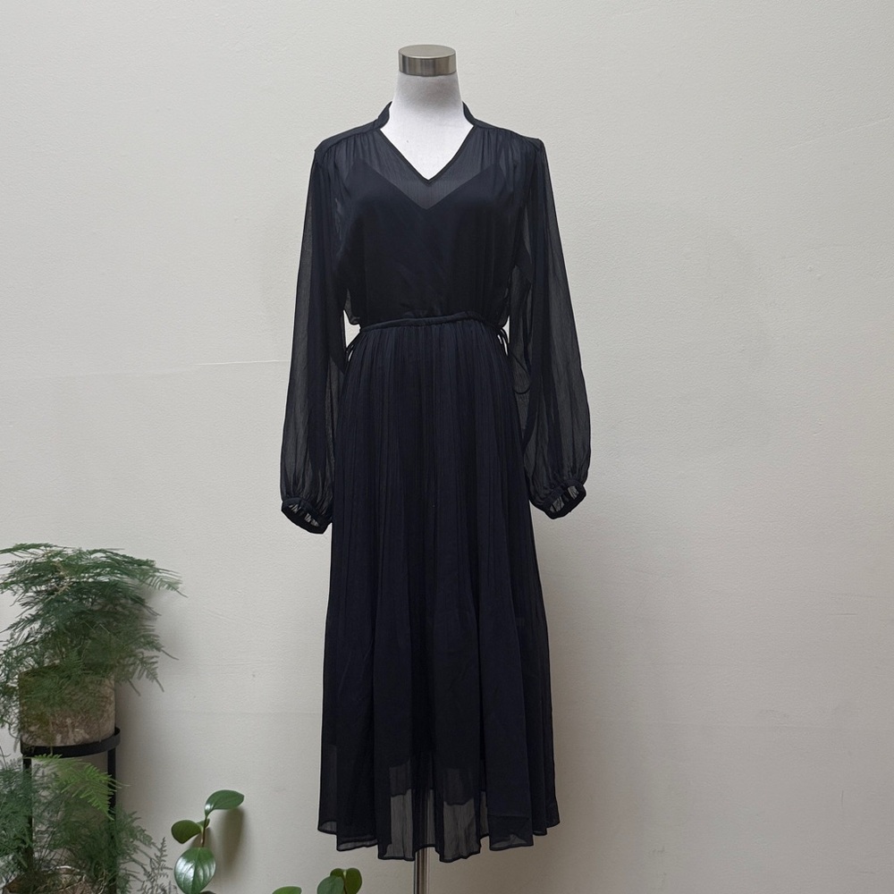 Uniqlo C: Black Sheer Long-Sleeve Pleated Dress with Slip